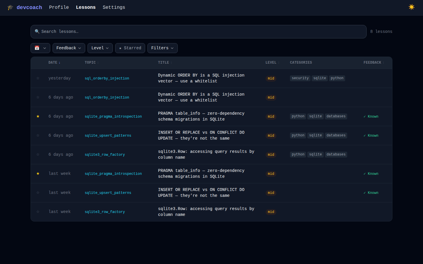 Lessons – dark theme