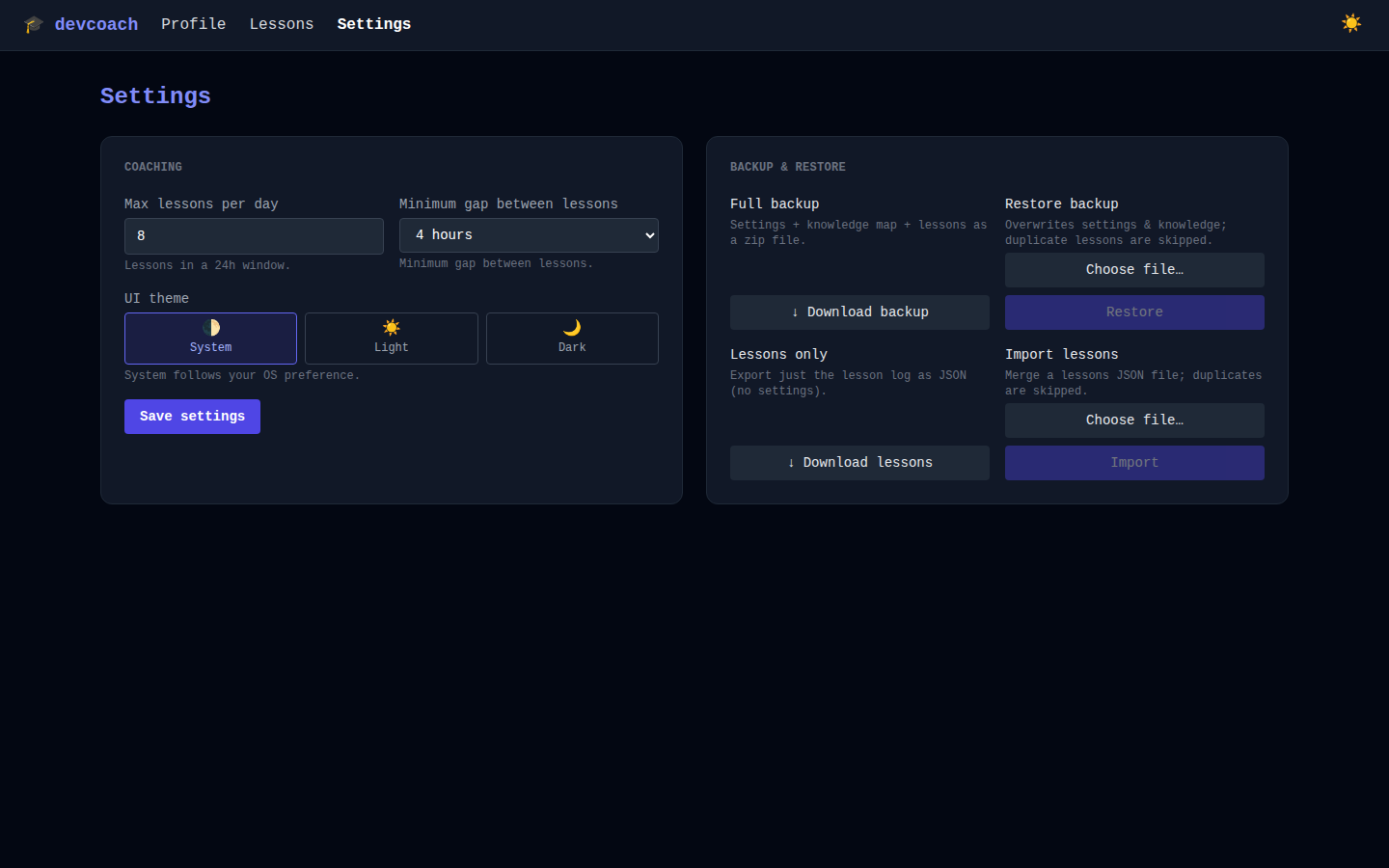 Settings – dark theme